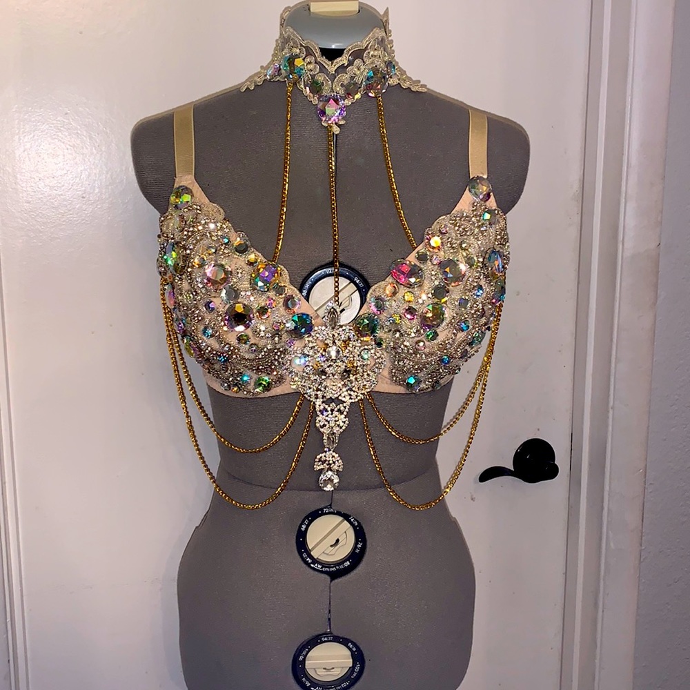 EDC bra iridescent rhinestones beaded gold chains
